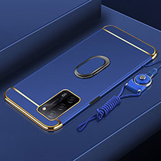 Handyhülle Hülle Luxus Metall Rahmen und Kunststoff Schutzhülle Hartschalen Tasche mit Fingerring Ständer P01 für Oppo A55 5G Blau