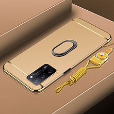 Handyhülle Hülle Luxus Metall Rahmen und Kunststoff Schutzhülle Hartschalen Tasche mit Fingerring Ständer P01 für Oppo A55 5G Gold