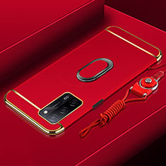 Handyhülle Hülle Luxus Metall Rahmen und Kunststoff Schutzhülle Hartschalen Tasche mit Fingerring Ständer P01 für Oppo A55 5G Rot