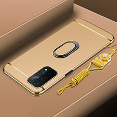 Handyhülle Hülle Luxus Metall Rahmen und Kunststoff Schutzhülle Hartschalen Tasche mit Fingerring Ständer P01 für Oppo A74 5G Gold