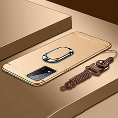 Handyhülle Hülle Luxus Metall Rahmen und Kunststoff Schutzhülle Hartschalen Tasche mit Fingerring Ständer P01 für Oppo A93s 5G Gold