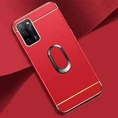 Handyhülle Hülle Luxus Metall Rahmen und Kunststoff Schutzhülle Hartschalen Tasche mit Fingerring Ständer P02 für Oppo A53s 5G Rot