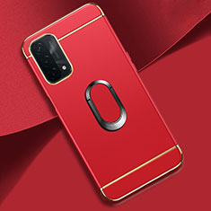 Handyhülle Hülle Luxus Metall Rahmen und Kunststoff Schutzhülle Hartschalen Tasche mit Fingerring Ständer P02 für Oppo A74 5G Rot