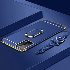 Handyhülle Hülle Luxus Metall Rahmen und Kunststoff Schutzhülle Hartschalen Tasche mit Fingerring Ständer P03 für Oppo A74 5G Blau