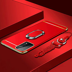 Handyhülle Hülle Luxus Metall Rahmen und Kunststoff Schutzhülle Hartschalen Tasche mit Fingerring Ständer P03 für Oppo A74 5G Rot