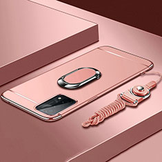 Handyhülle Hülle Luxus Metall Rahmen und Kunststoff Schutzhülle Hartschalen Tasche mit Fingerring Ständer P03 für Oppo A93 5G Rosegold