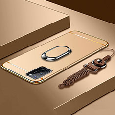 Handyhülle Hülle Luxus Metall Rahmen und Kunststoff Schutzhülle Hartschalen Tasche mit Fingerring Ständer und Lanyard für Oppo A52 Gold