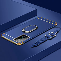 Handyhülle Hülle Luxus Metall Rahmen und Kunststoff Schutzhülle Hartschalen Tasche mit Fingerring Ständer und Lanyard für Oppo K9 5G Blau
