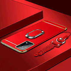 Handyhülle Hülle Luxus Metall Rahmen und Kunststoff Schutzhülle Hartschalen Tasche mit Fingerring Ständer und Lanyard für Oppo K9 5G Rot