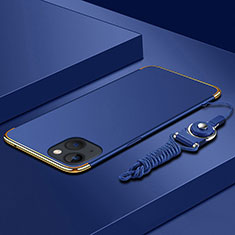 Handyhülle Hülle Luxus Metall Rahmen und Kunststoff Schutzhülle Hartschalen Tasche mit Lanyard für Apple iPhone 13 Mini Blau
