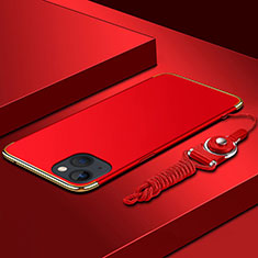 Handyhülle Hülle Luxus Metall Rahmen und Kunststoff Schutzhülle Hartschalen Tasche mit Lanyard für Apple iPhone 13 Mini Rot