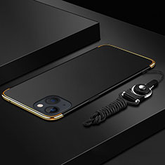 Handyhülle Hülle Luxus Metall Rahmen und Kunststoff Schutzhülle Hartschalen Tasche mit Lanyard für Apple iPhone 13 Mini Schwarz