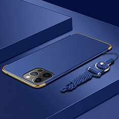Handyhülle Hülle Luxus Metall Rahmen und Kunststoff Schutzhülle Hartschalen Tasche mit Lanyard für Apple iPhone 13 Pro Blau