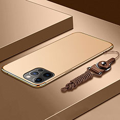 Handyhülle Hülle Luxus Metall Rahmen und Kunststoff Schutzhülle Hartschalen Tasche mit Lanyard für Apple iPhone 14 Pro Max Gold