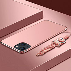 Handyhülle Hülle Luxus Metall Rahmen und Kunststoff Schutzhülle Hartschalen Tasche mit Lanyard für Apple iPhone 14 Rosegold