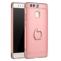 Handyhülle Hülle Luxus Metall Rahmen und Kunststoff Schutzhülle Tasche mit Fingerring Ständer A01 für Huawei P9 Plus Rosegold