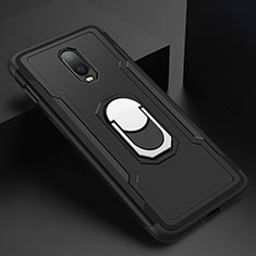 Handyhülle Hülle Luxus Metall Rahmen und Kunststoff Schutzhülle Tasche mit Fingerring Ständer A01 für OnePlus 6T Schwarz