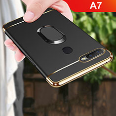 Handyhülle Hülle Luxus Metall Rahmen und Kunststoff Schutzhülle Tasche mit Fingerring Ständer A01 für Oppo A7 Schwarz