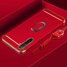 Handyhülle Hülle Luxus Metall Rahmen und Kunststoff Schutzhülle Tasche mit Fingerring Ständer A01 für Oppo K5 Rot