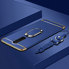 Handyhülle Hülle Luxus Metall Rahmen und Kunststoff Schutzhülle Tasche mit Fingerring Ständer A01 für Oppo Reno Ace Blau