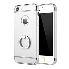 Handyhülle Hülle Luxus Metall Rahmen und Kunststoff Schutzhülle Tasche mit Fingerring Ständer A02 für Apple iPhone 5 Silber