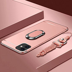 Handyhülle Hülle Luxus Metall Rahmen und Kunststoff Schutzhülle Tasche mit Fingerring Ständer T01 für Apple iPhone 11 Rosegold