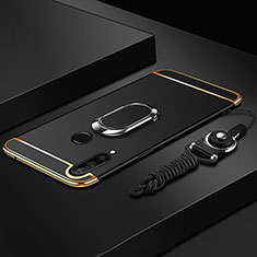 Handyhülle Hülle Luxus Metall Rahmen und Kunststoff Schutzhülle Tasche mit Fingerring Ständer T01 für Huawei P30 Lite New Edition Schwarz
