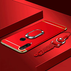 Handyhülle Hülle Luxus Metall Rahmen und Kunststoff Schutzhülle Tasche mit Fingerring Ständer T01 für Huawei P30 Lite XL Rot