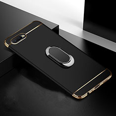 Handyhülle Hülle Luxus Metall Rahmen und Kunststoff Schutzhülle Tasche mit Fingerring Ständer T01 für Oppo R15X Schwarz