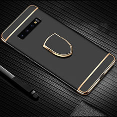 Handyhülle Hülle Luxus Metall Rahmen und Kunststoff Schutzhülle Tasche mit Fingerring Ständer T01 für Samsung Galaxy S10 5G Schwarz