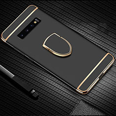 Handyhülle Hülle Luxus Metall Rahmen und Kunststoff Schutzhülle Tasche mit Fingerring Ständer T01 für Samsung Galaxy S10 Plus Schwarz