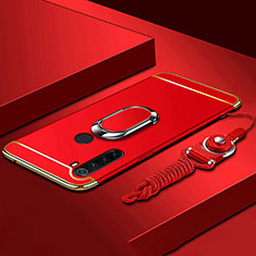 Handyhülle Hülle Luxus Metall Rahmen und Kunststoff Schutzhülle Tasche mit Fingerring Ständer T01 für Xiaomi Redmi Note 8 (2021) Rot