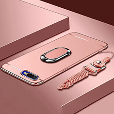 Handyhülle Hülle Luxus Metall Rahmen und Kunststoff Schutzhülle Tasche mit Fingerring Ständer T02 für Oppo R17 Neo Rosegold