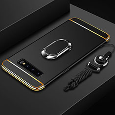 Handyhülle Hülle Luxus Metall Rahmen und Kunststoff Schutzhülle Tasche mit Fingerring Ständer T02 für Samsung Galaxy S10 Schwarz