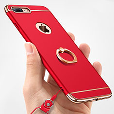 Handyhülle Hülle Luxus Metall Rahmen und Kunststoff Schutzhülle Tasche mit Fingerring Ständer und Lanyard A01 für Apple iPhone 8 Plus Rot