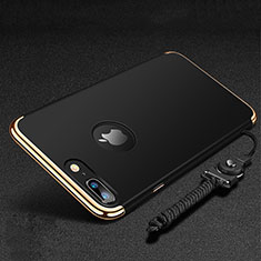 Handyhülle Hülle Luxus Metall Rahmen und Kunststoff Schutzhülle Tasche mit Fingerring Ständer und Lanyard für Apple iPhone 8 Plus Schwarz