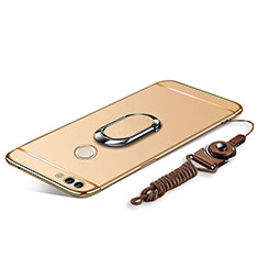 Handyhülle Hülle Luxus Metall Rahmen und Kunststoff Schutzhülle Tasche mit Fingerring Ständer und Lanyard für Huawei Enjoy 8 Plus Gold