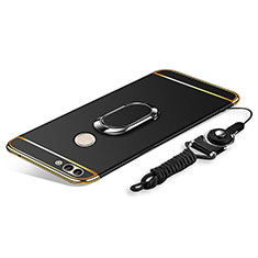 Handyhülle Hülle Luxus Metall Rahmen und Kunststoff Schutzhülle Tasche mit Fingerring Ständer und Lanyard für Huawei Enjoy 8 Plus Schwarz