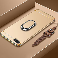 Handyhülle Hülle Luxus Metall Rahmen und Kunststoff Schutzhülle Tasche mit Fingerring Ständer und Lanyard für Huawei Enjoy 8e Lite Gold