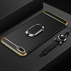 Handyhülle Hülle Luxus Metall Rahmen und Kunststoff Schutzhülle Tasche mit Fingerring Ständer und Lanyard für Huawei Enjoy 8e Lite Schwarz