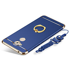 Handyhülle Hülle Luxus Metall Rahmen und Kunststoff Schutzhülle Tasche mit Fingerring Ständer und Lanyard für Huawei Honor 6C Blau