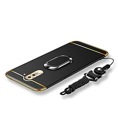 Handyhülle Hülle Luxus Metall Rahmen und Kunststoff Schutzhülle Tasche mit Fingerring Ständer und Lanyard für Huawei Honor 6X Pro Schwarz