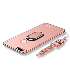 Handyhülle Hülle Luxus Metall Rahmen und Kunststoff Schutzhülle Tasche mit Fingerring Ständer und Lanyard für Huawei Honor 7C Rosegold