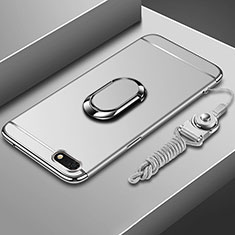 Handyhülle Hülle Luxus Metall Rahmen und Kunststoff Schutzhülle Tasche mit Fingerring Ständer und Lanyard für Huawei Honor 7S Silber