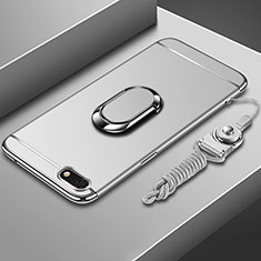 Handyhülle Hülle Luxus Metall Rahmen und Kunststoff Schutzhülle Tasche mit Fingerring Ständer und Lanyard für Huawei Honor Play 7 Silber