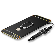 Handyhülle Hülle Luxus Metall Rahmen und Kunststoff Schutzhülle Tasche mit Fingerring Ständer und Lanyard für Huawei Honor Play 7X Schwarz