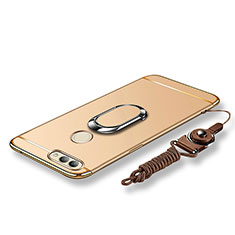 Handyhülle Hülle Luxus Metall Rahmen und Kunststoff Schutzhülle Tasche mit Fingerring Ständer und Lanyard für Huawei Nova 2 Plus Gold