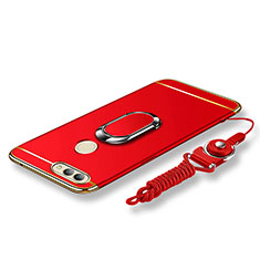 Handyhülle Hülle Luxus Metall Rahmen und Kunststoff Schutzhülle Tasche mit Fingerring Ständer und Lanyard für Huawei Nova 2 Rot
