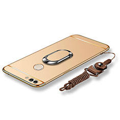 Handyhülle Hülle Luxus Metall Rahmen und Kunststoff Schutzhülle Tasche mit Fingerring Ständer und Lanyard für Huawei P Smart Gold