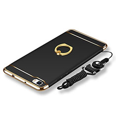 Handyhülle Hülle Luxus Metall Rahmen und Kunststoff Schutzhülle Tasche mit Fingerring Ständer und Lanyard für Huawei P8 Lite Schwarz